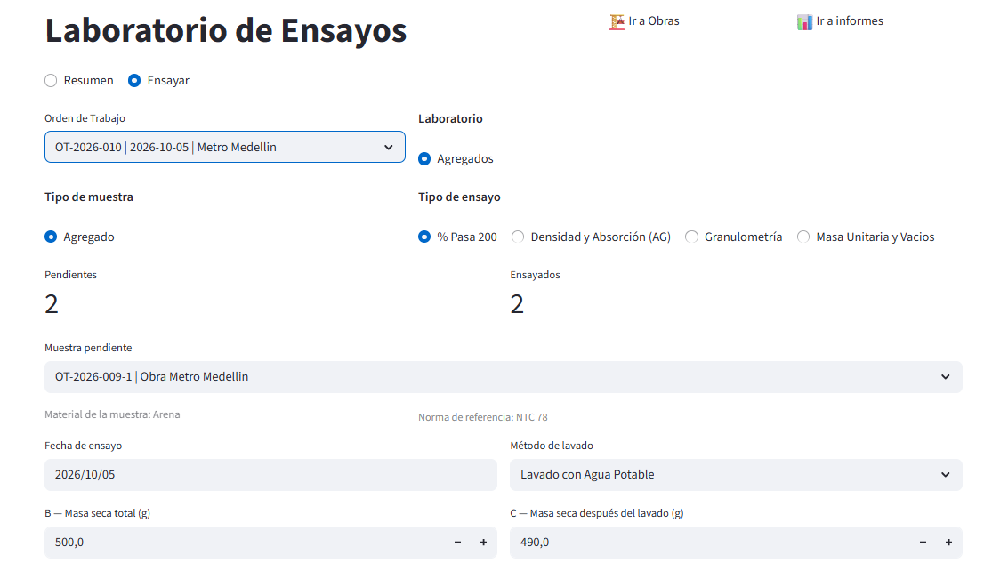 Formulario para seleccionar una muestra y registrar datos de un ensayo de laboratorio