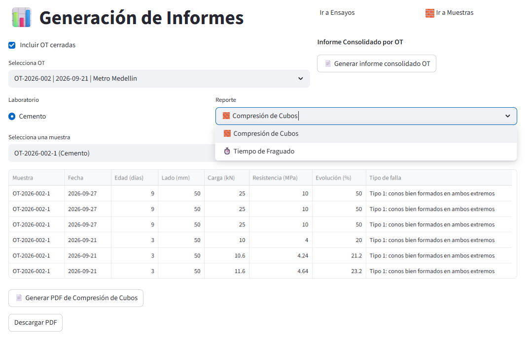 Pantalla de generación de informes con resultados de ensayos y opciones para descargar PDF