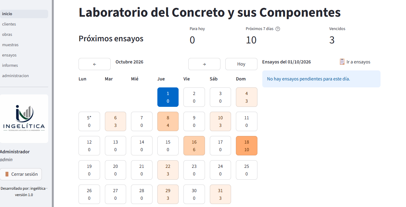 Calendario del sistema de laboratorio con próximos ensayos, ensayos vencidos y su programación mensual